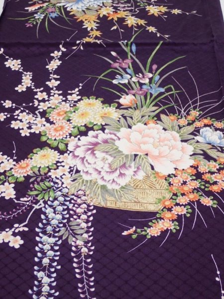 Photo1: 4C02z80  Japanese Kimono Silk  FABRIC Flowers Dark purple 48.8x14.8 (1)