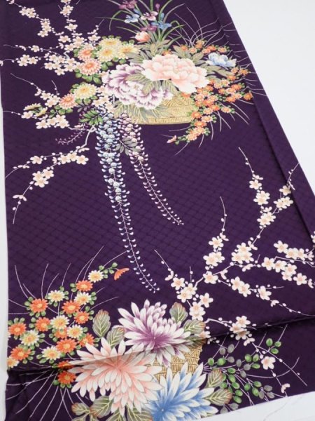 Photo2: 4C02z80  Japanese Kimono Silk  FABRIC Flowers Dark purple 48.8x14.8 (2)