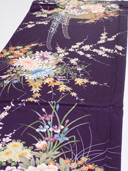 Photo3: 4C02z80  Japanese Kimono Silk  FABRIC Flowers Dark purple 48.8x14.8 (3)