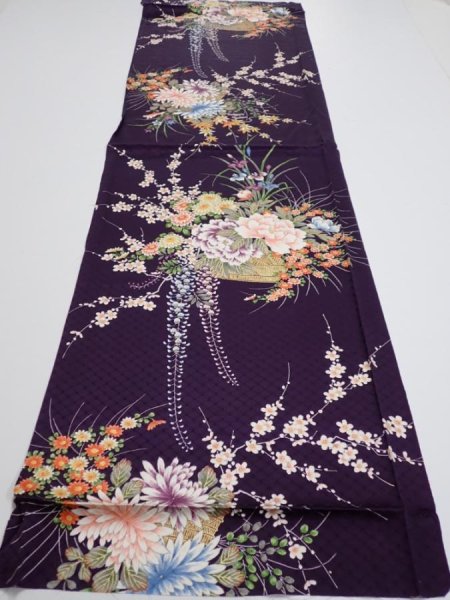 Photo5: 4C02z80  Japanese Kimono Silk  FABRIC Flowers Dark purple 48.8x14.8 (5)