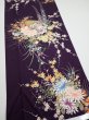 Photo2: 4C03z100  Japanese Kimono Silk  FABRIC Flowers Dark purple 70.5x14.8 (2)