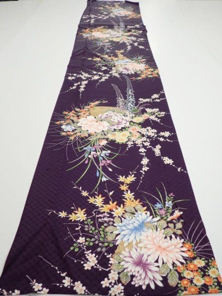 Photo5: 4C03z100  Japanese Kimono Silk  FABRIC Flowers Dark purple 70.5x14.8 (5)