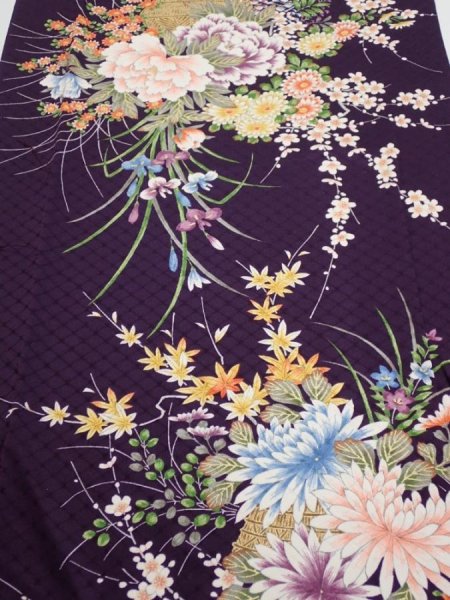 Photo1: 4C04z100  Japanese Kimono Silk  FABRIC Flowers Dark purple 70.1x14.8 (1)