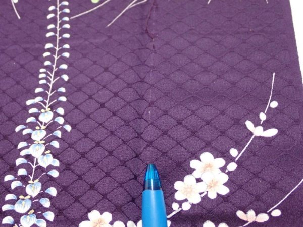 Photo6: 4C04z100  Japanese Kimono Silk  FABRIC Flowers Dark purple 70.1x14.8 (6)