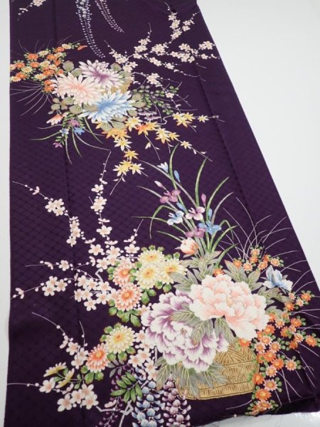 Photo2: 4C05z100  Japanese Kimono Silk  FABRIC Flowers Dark purple 69.7x14.8 (2)