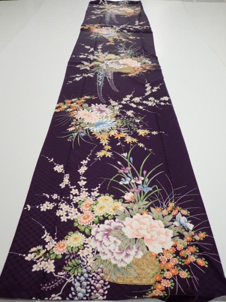 Photo5: 4C05z100  Japanese Kimono Silk  FABRIC Flowers Dark purple 69.7x14.8 (5)