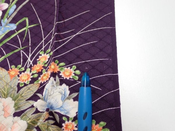 Photo6: 4C05z100  Japanese Kimono Silk  FABRIC Flowers Dark purple 69.7x14.8 (6)
