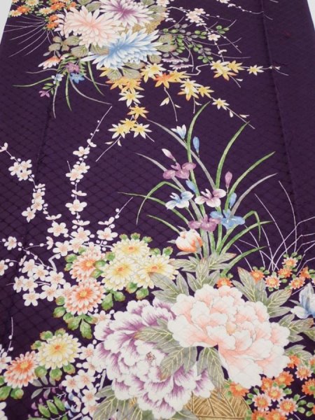 Photo1: 4C06z100  Japanese Kimono Silk  FABRIC Flowers Dark purple 69.7x14.8 (1)