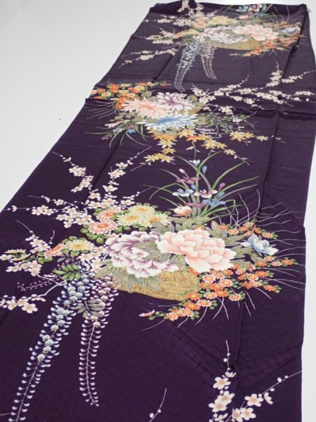 Photo3: 4C06z100  Japanese Kimono Silk  FABRIC Flowers Dark purple 69.7x14.8 (3)
