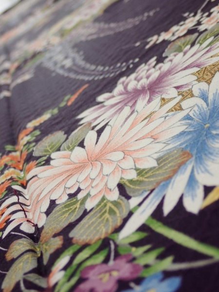 Photo4: 4C06z100  Japanese Kimono Silk  FABRIC Flowers Dark purple 69.7x14.8 (4)