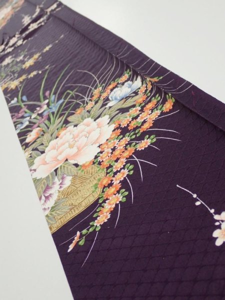 Photo1: 4C07z50  Japanese Kimono Silk  FABRIC Flowers Dark purple 61.8x7.5 (1)