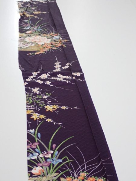 Photo3: 4C08z50  Japanese Kimono Silk  FABRIC Flowers Dark purple 61.8x7.5 (3)