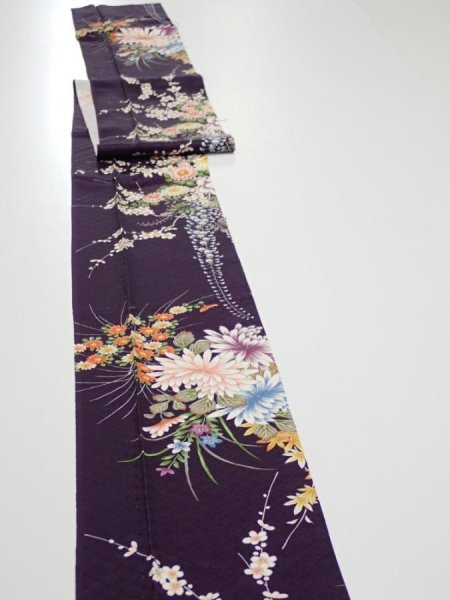 Photo3: 4C09z70  Japanese Kimono Silk  FABRIC Flowers Dark purple 88.2x7.1 (3)