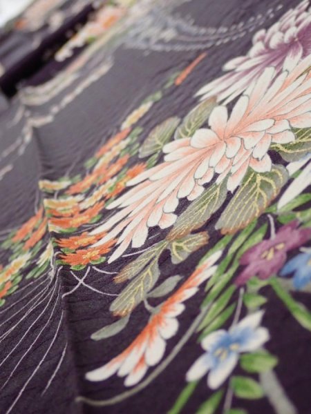 Photo4: 4C09z70  Japanese Kimono Silk  FABRIC Flowers Dark purple 88.2x7.1 (4)