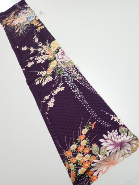 Photo1: 4C10z30  Japanese Kimono Silk  FABRIC Flowers Dark purple 36.2x7.1 (1)