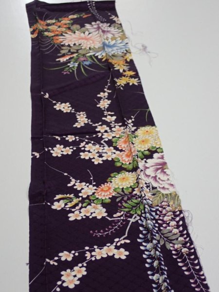 Photo3: 4C10z30  Japanese Kimono Silk  FABRIC Flowers Dark purple 36.2x7.1 (3)