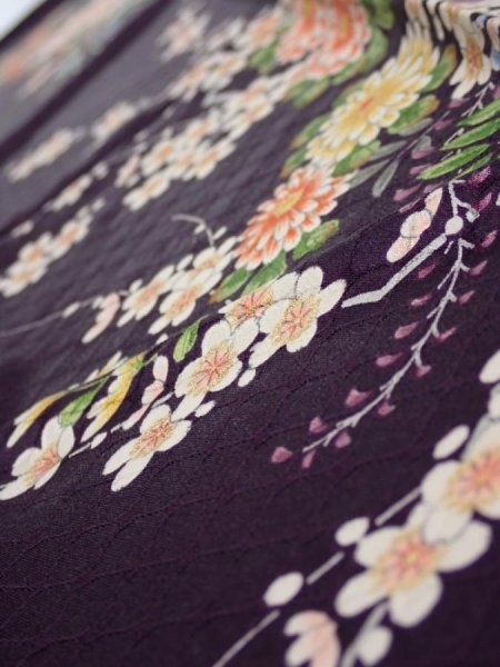 Photo5: 4C10z30  Japanese Kimono Silk  FABRIC Flowers Dark purple 36.2x7.1 (5)