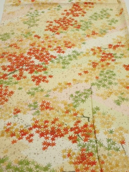 Photo1: 4C02z70  Japanese Kimono Silk  FABRIC Maple Light yellow 44.1x14.4 (1)