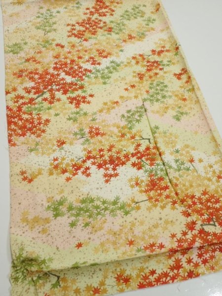 Photo2: 4C02z70  Japanese Kimono Silk  FABRIC Maple Light yellow 44.1x14.4 (2)