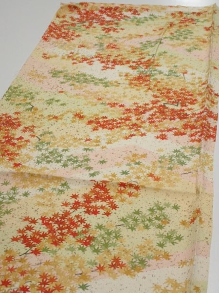 Photo3: 4C02z70  Japanese Kimono Silk  FABRIC Maple Light yellow 44.1x14.4 (3)
