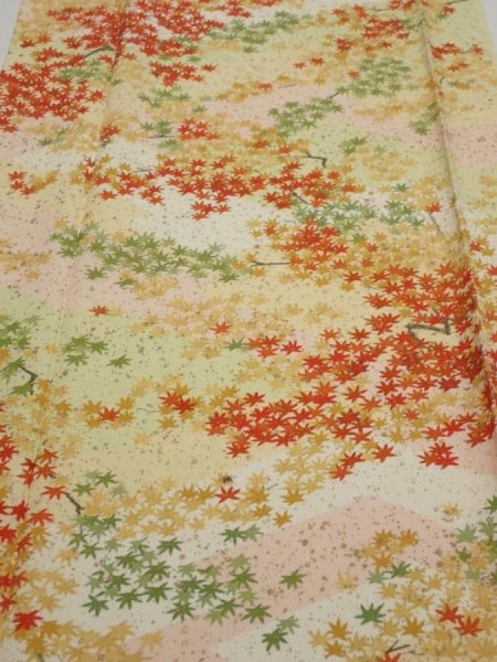 Photo1: 4C06z100  Japanese Kimono Silk  FABRIC Maple Light yellow 64.6x14.4 (1)