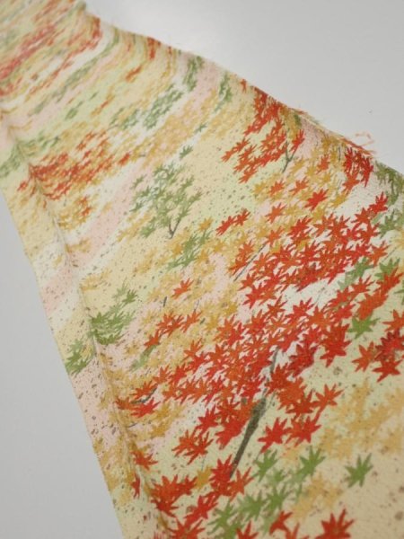 Photo1: 4C07z50  Japanese Kimono Silk  FABRIC Maple Light yellow 59.1x7.5 (1)