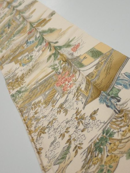 Photo2: 4C10z30  Japanese Kimono Silk  FABRIC Princess Light beige 35.0x6.7 (2)