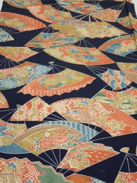 Photo1: 4C01z60  Japanese Kimono Silk  FABRIC Sensu Dark navy 44.9x14.2 (1)