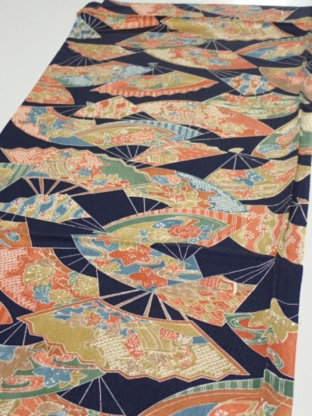 Photo3: 4C02z60  Japanese Kimono Silk  FABRIC Sensu Dark navy 44.9x14.0 (3)
