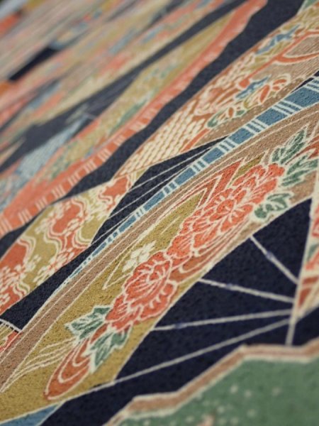 Photo4: 4C02z60  Japanese Kimono Silk  FABRIC Sensu Dark navy 44.9x14.0 (4)