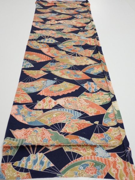 Photo5: 4C02z60  Japanese Kimono Silk  FABRIC Sensu Dark navy 44.9x14.0 (5)