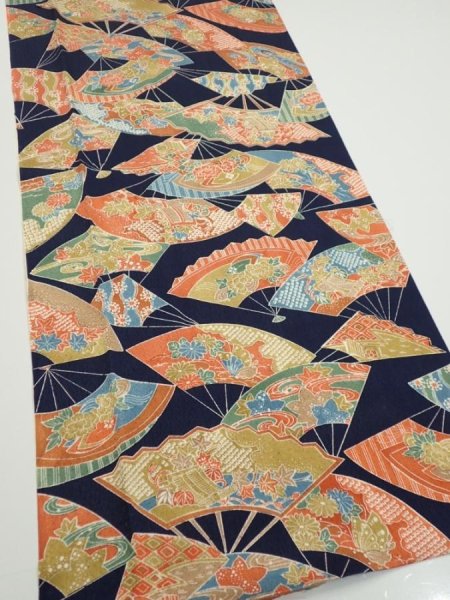 Photo2: 4C03z90  Japanese Kimono Silk  FABRIC Sensu Dark navy 64.6x14.2 (2)