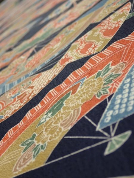 Photo4: 4C03z90  Japanese Kimono Silk  FABRIC Sensu Dark navy 64.6x14.2 (4)