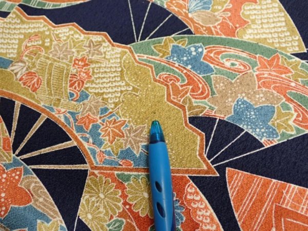 Photo6: 4C03z90  Japanese Kimono Silk  FABRIC Sensu Dark navy 64.6x14.2 (6)