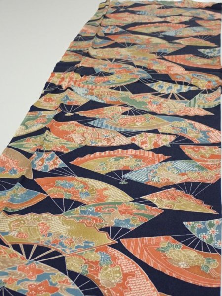 Photo3: 4C06z90  Japanese Kimono Silk  FABRIC Sensu Dark navy 65.0x14.0 (3)