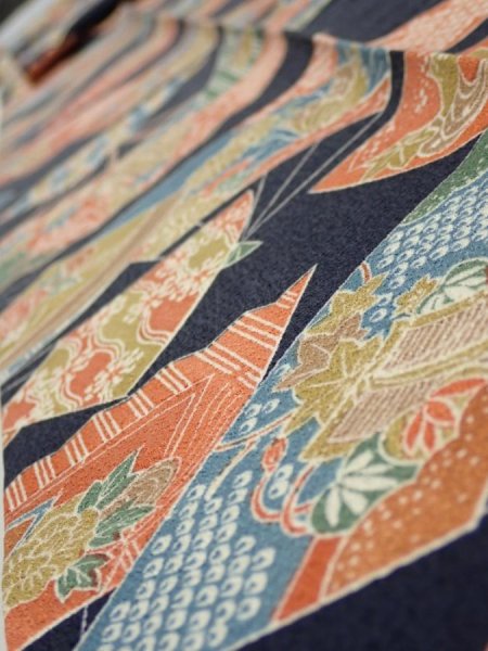 Photo4: 4C09z50  Japanese Kimono Silk  FABRIC Sensu Dark navy 83.5x6.5 (4)