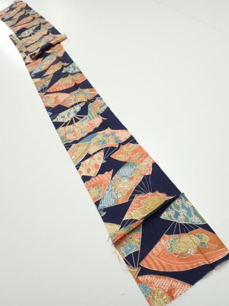 Photo5: 4C09z50  Japanese Kimono Silk  FABRIC Sensu Dark navy 83.5x6.5 (5)