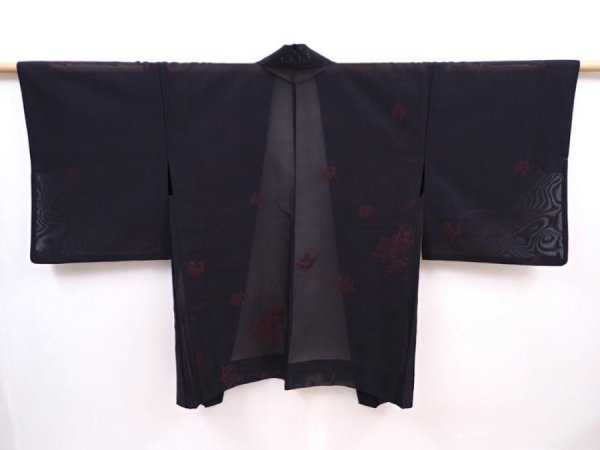 Photo1: 6105T02z270 Vintage Japanese Kimono Silk See through HAORI Flower Black (1)