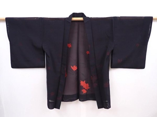 Photo5: 6105T02z270 Vintage Japanese Kimono Silk See through HAORI Flower Black (5)