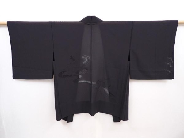 Photo1: 6105T04z300 Vintage Japanese Kimono Silk See through HAORI Stream Black (1)