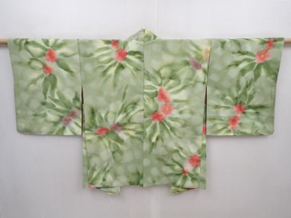 Photo1: 6105T05z550 Vintage Japanese Kimono Silk HAORI Flower Pistachio green (1)