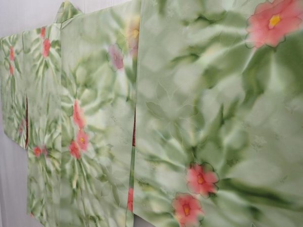 Photo2: 6105T05z550 Vintage Japanese Kimono Silk HAORI Flower Pistachio green (2)