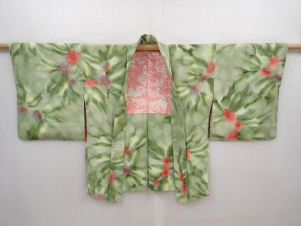 Photo5: 6105T05z550 Vintage Japanese Kimono Silk HAORI Flower Pistachio green (5)