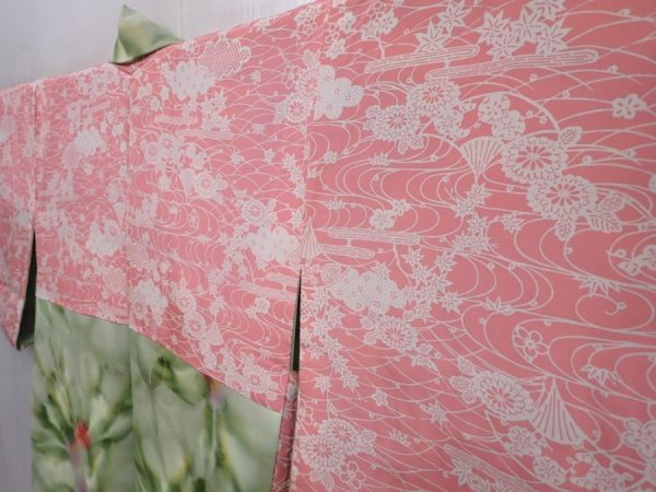 Photo7: 6105T05z550 Vintage Japanese Kimono Silk HAORI Flower Pistachio green (7)