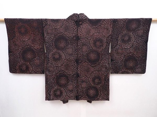 Photo1: 6105T06z660 Vintage Japanese Kimono Silk HAORI Chrysanthemum Black (1)