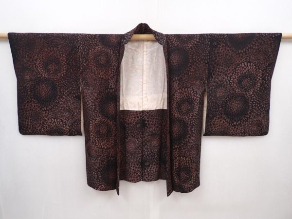Photo5: 6105T06z660 Vintage Japanese Kimono Silk HAORI Chrysanthemum Black (5)
