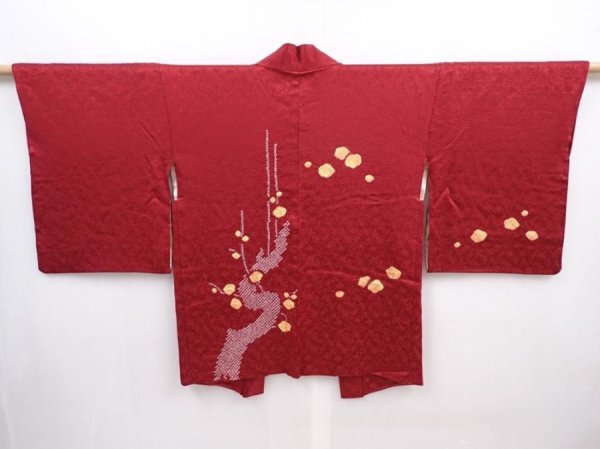 Photo1: 6105T07z530 Vintage Japanese Kimono Silk HAORI Plum tree Wine red (1)