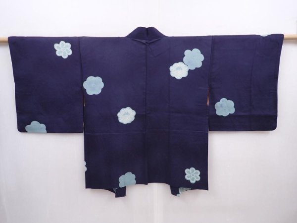 Photo1: 6105T08z530 Vintage Japanese Kimono Silk HAORI Flower Navy-Gray (1)