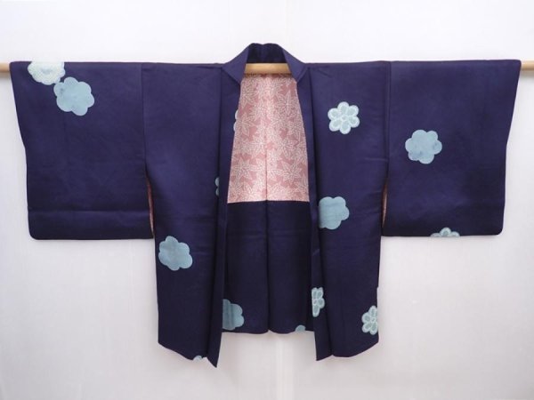 Photo5: 6105T08z530 Vintage Japanese Kimono Silk HAORI Flower Navy-Gray (5)