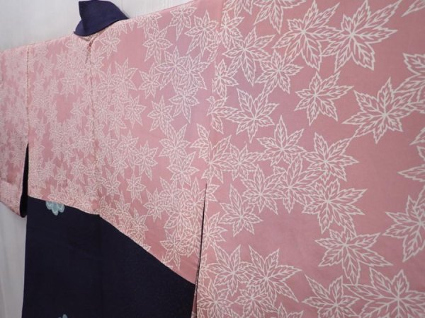 Photo8: 6105T08z530 Vintage Japanese Kimono Silk HAORI Flower Navy-Gray (8)